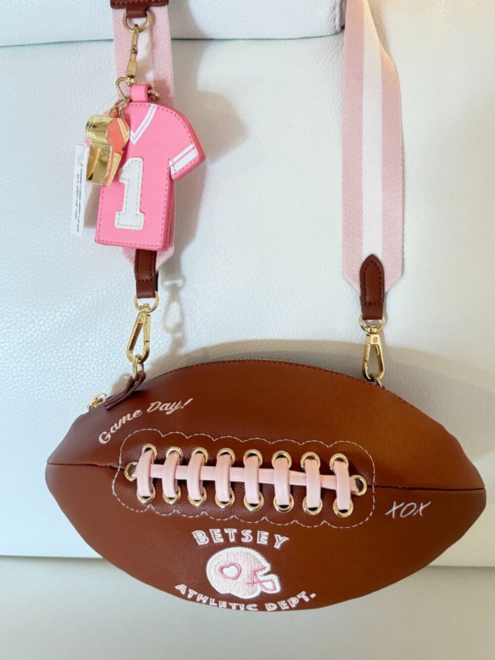 NWT Betsy Johnson xotoss Game Day Football Shaped Crossbody Bag clutch w charms